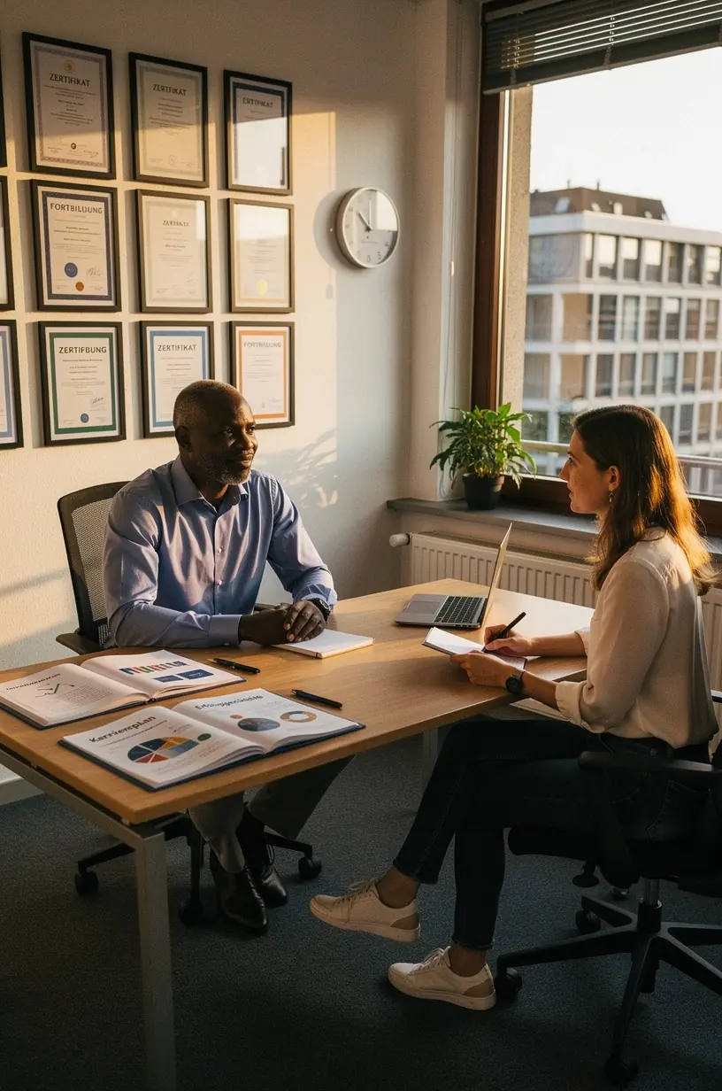 Beratungsgespräch zwischen Karrierecoach und Klient in einem modernen Büro