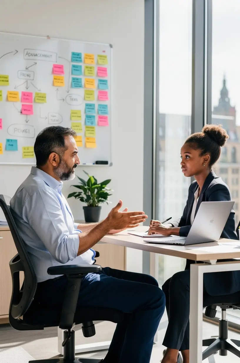 Visualisierung eines strukturierten Karriereplans auf einem Whiteboard im Büro